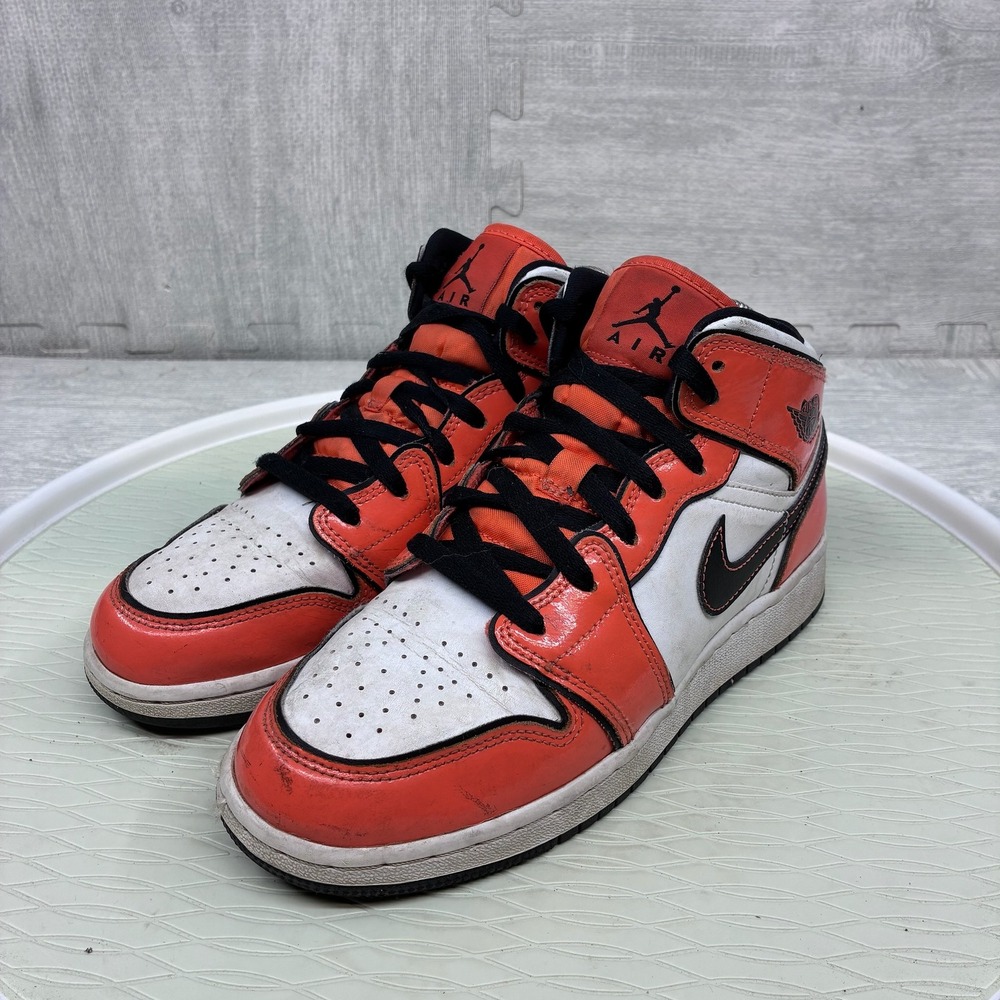 Nike Air Jordan 1 Mid Kids 6Y Orange White Leather Sneakers BQ6931-802